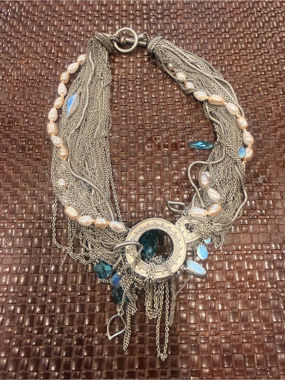 Layered Silver-Tone Necklace with Teal Crystals and Pink Pearls